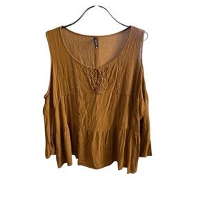 Massini Mustard Boho Peasant Top 2X Crochet Detail Flowy Sleeveless Tunic